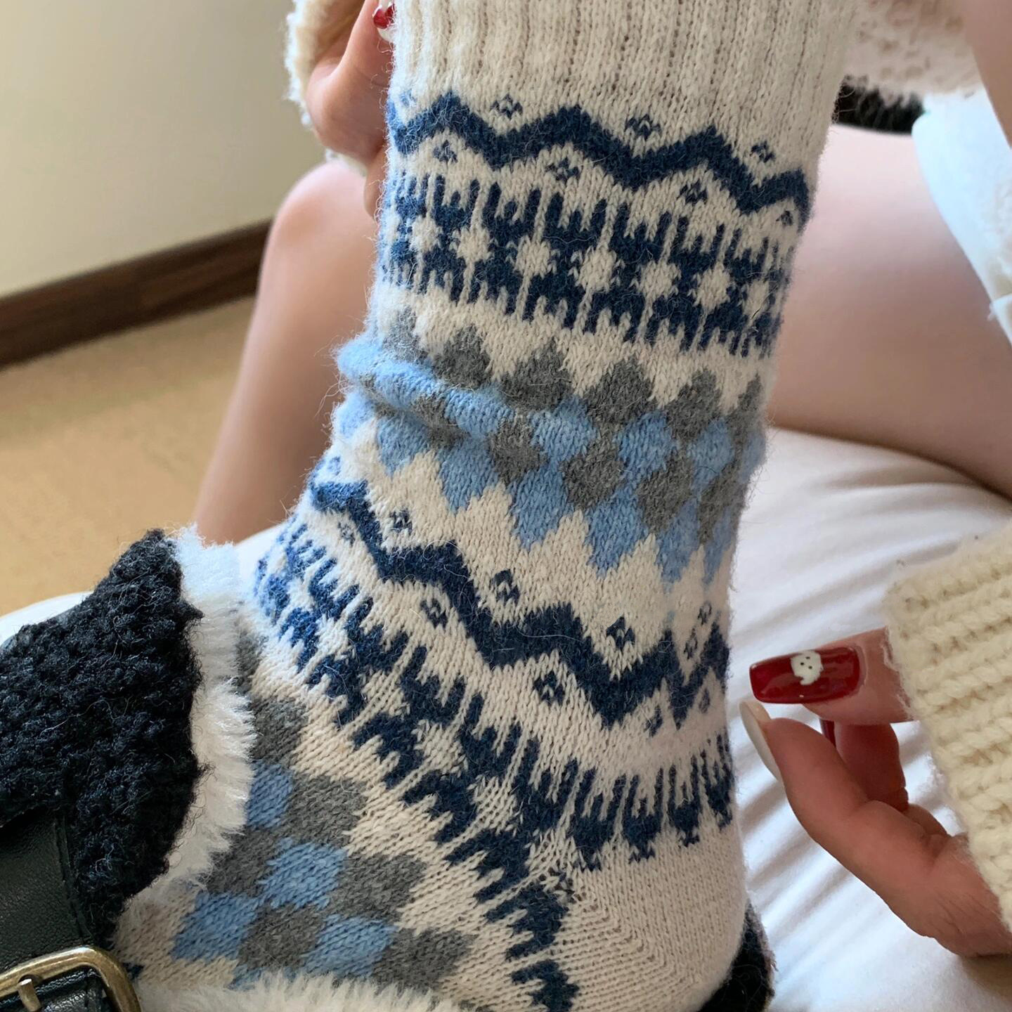 秋冬5色费尔岛菱格保暖日系女复古名族风羊毛袜厚款堆堆袜月子袜