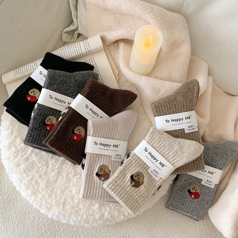 秋冬新品袜子女刺绣小熊羊毛袜子加厚保暖条纹韩版卡通中筒堆堆袜,女士内衣/男士内衣/家居服,中筒袜,淘宝优惠券,粉丝福利购,淘宝优惠卷