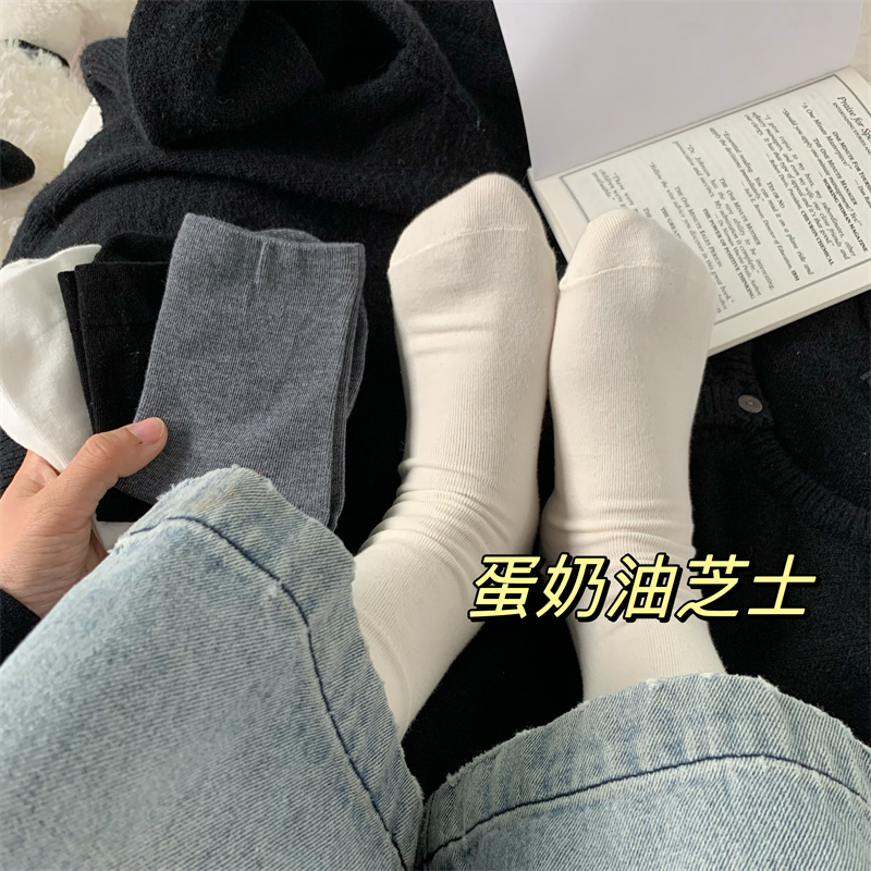 灰色袜子女中筒薄款韩国月子袜春夏棉袜纯色百搭宽松长筒无骨袜