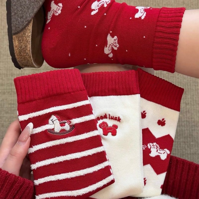马年本命年红色袜子女中筒袜新年结婚喜庆可爱卡通小马纯棉堆堆袜,女士内衣/男士内衣/家居服,中筒袜,淘宝优惠券,粉丝福利购,淘宝优惠卷