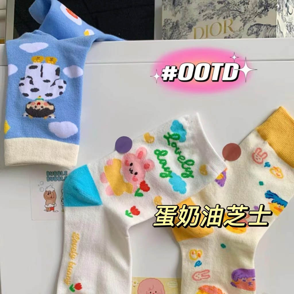 袜子女韩版中筒ins潮JK少女日系春夏可爱卡通小兔提花中筒袜