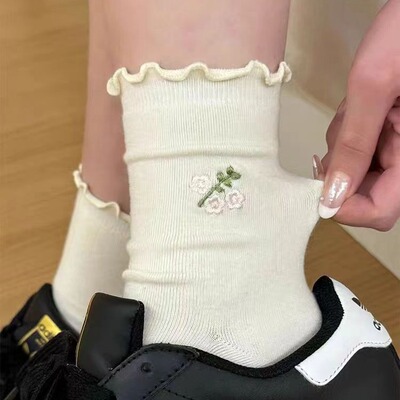 白色袜子女夏季薄款中筒袜可爱日系jk花边袜卷边月子堆堆袜女夏天