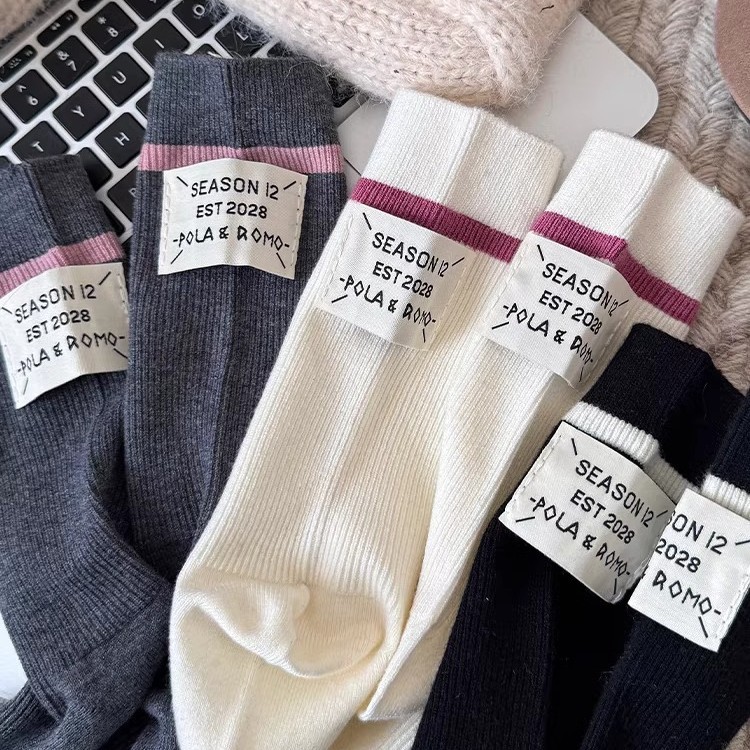 东大门网红新款女袜冬季新款加厚保暖条纹布标签长腰中筒袜羊绒袜