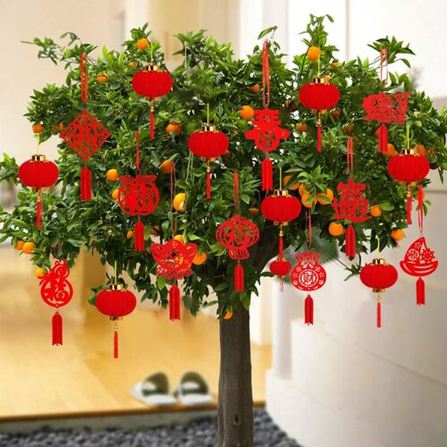 乔迁新居盆景装饰小福字挂件植物挂树上小红灯笼挂饰新年元旦布置