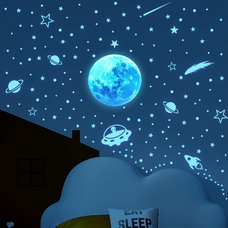 夜光贴画儿童房卧室墙面贴纸卡通防水发光月球星空荧光创意装饰贴