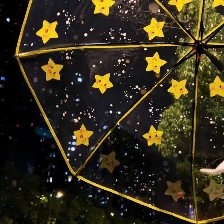 星星帽雨伞透明自动长柄伞可爱卡通高颜值便携抗风学生高质量雨伞