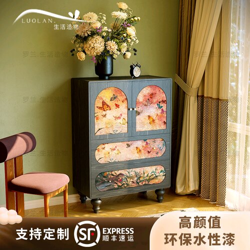 法式复古实木彩绘蝴蝶斗柜