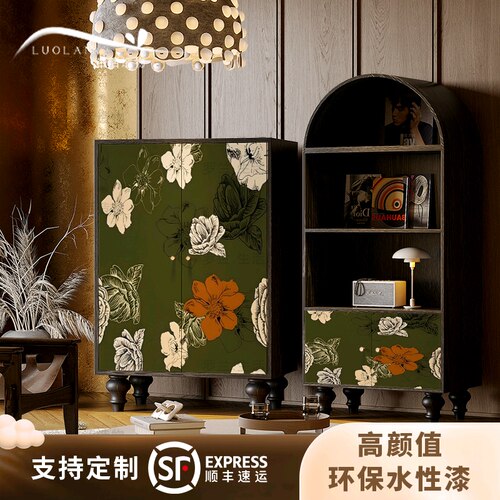 美式绿色花卉实木展示书柜
