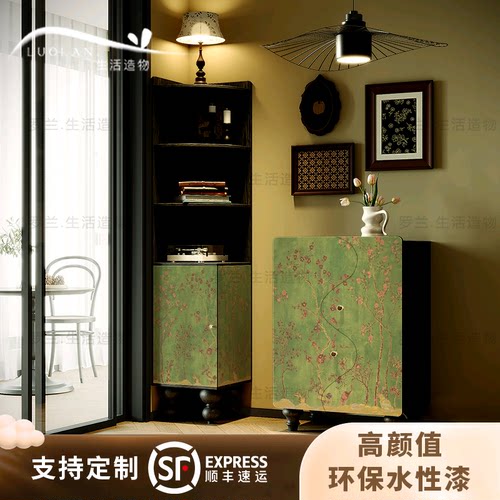 法式绿色花鸟实木三角柜玄关收纳