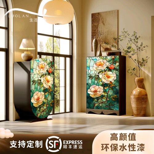 法式复古风花卉彩绘实木翻斗柜