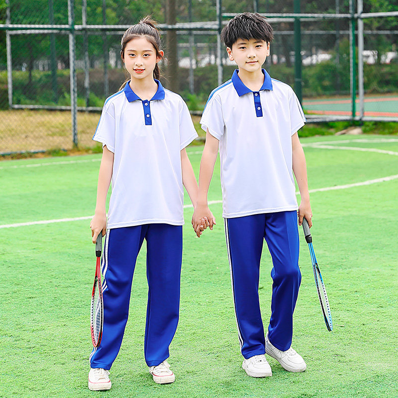 蓝白色夏季中小学生校服短袖运动学院风短袖裤子班服毕业季套装