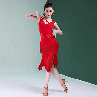 拉丁舞恰恰曼妙花腰流苏露背黑色连衣裙演出服夏季无袖流苏舞裙