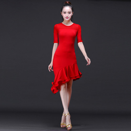 拉丁舞服装女成人新款练功服性感修身夏短袖表演跳舞蹈连衣裙成年