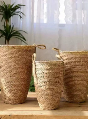 北欧高花盆草编花篮麦子芦苇干花花瓶摆件客厅插花玫瑰毯手提花篮