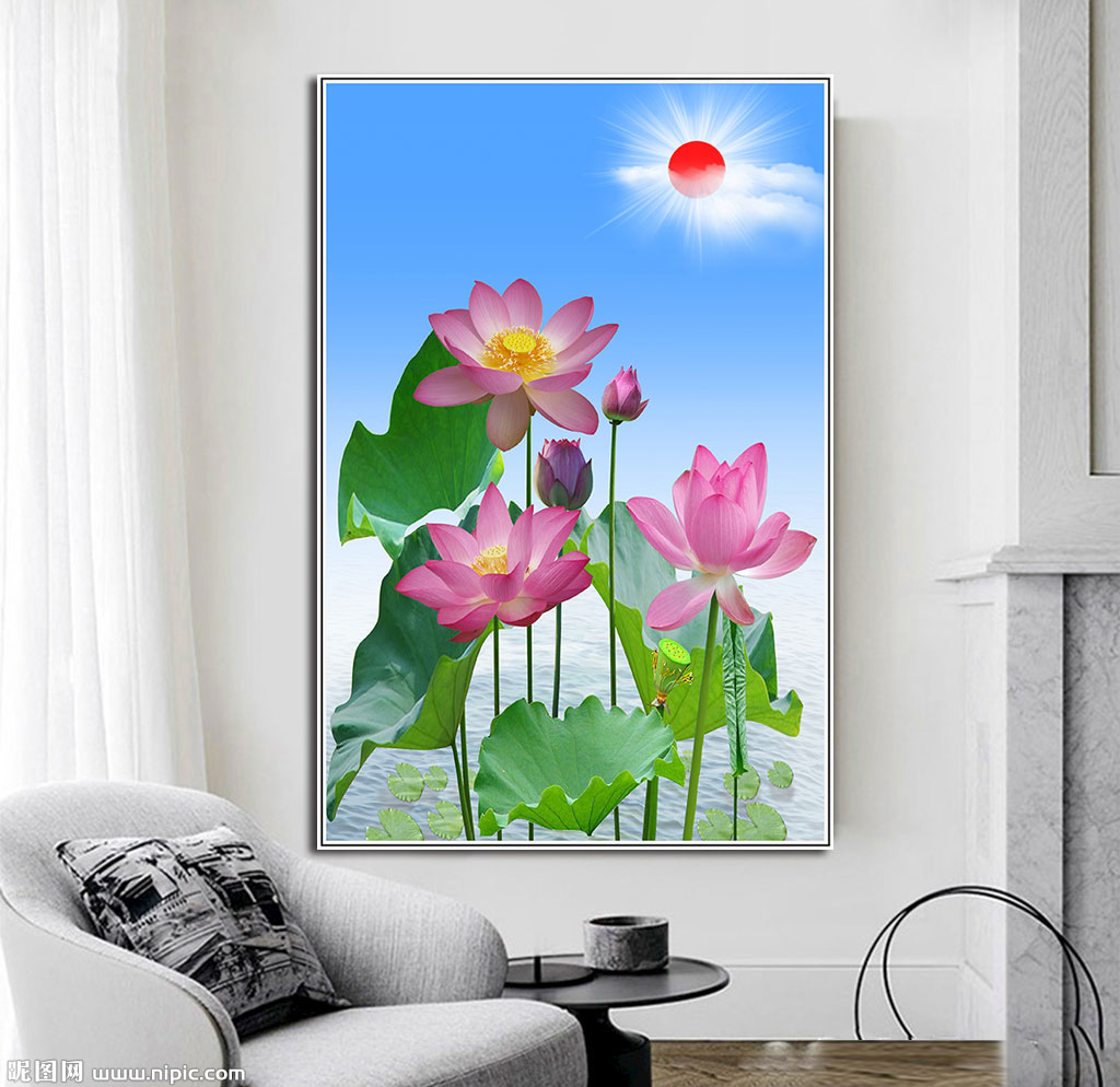 荷花莲花墙面自粘画佛堂中堂背景画意境风景风水装饰画P33