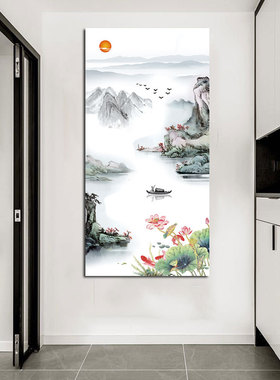新中式入户山水玄关海报画春和景明客厅背景墙挂画书房过道自粘画