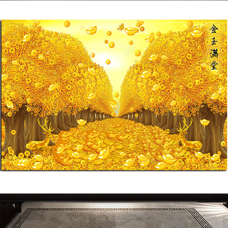 金钱树旺财旺运风水画黄金大道金玉满堂招财鹿电视沙发背景自粘画