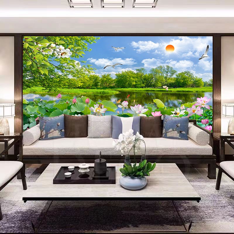 山水风景装饰画流水生财壁画竹子荷花福居宝地户外自粘客厅贴画Y0