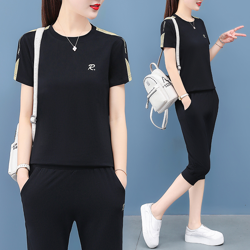 运动套装女夏季2025新款纯棉休闲服大码短袖简约跑步夏天两件套潮