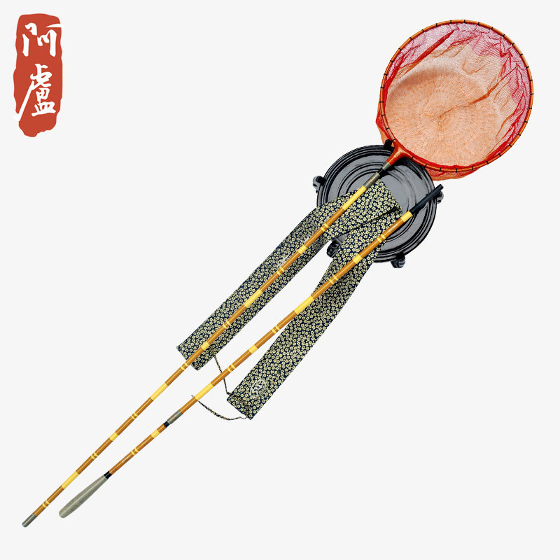 阿卢官方玉柄Y01D02整套抄网竿高碳三节纯手工网布捞鱼网