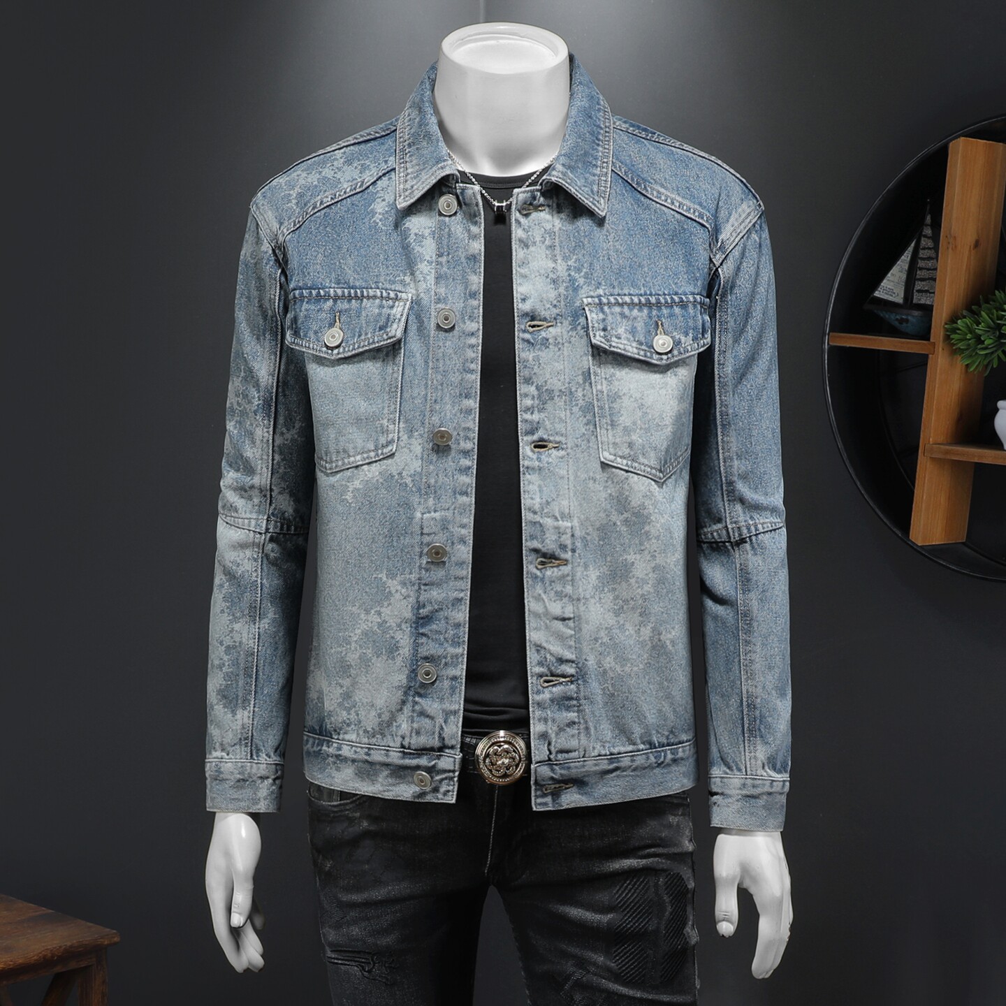 春新款浅蓝潮牌激光雪花纹时尚牛仔夹克复古外套D218-1355-P165，男装夹克，电商D218
