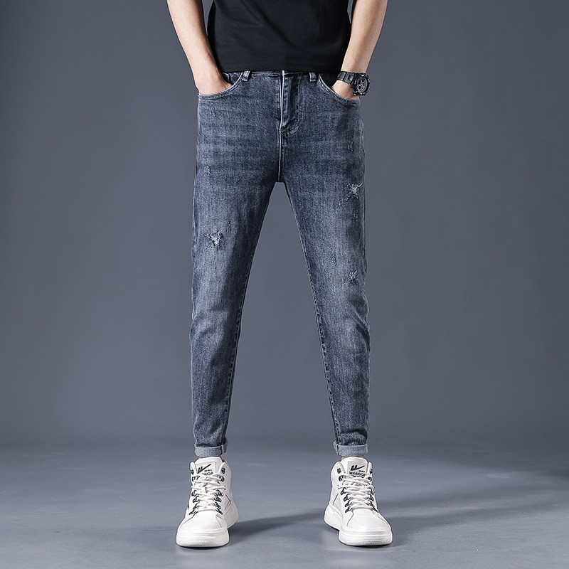 2021新款水洗潮牌破洞弹力牛仔裤男微跨小脚裤QT5031-86389-P95图片