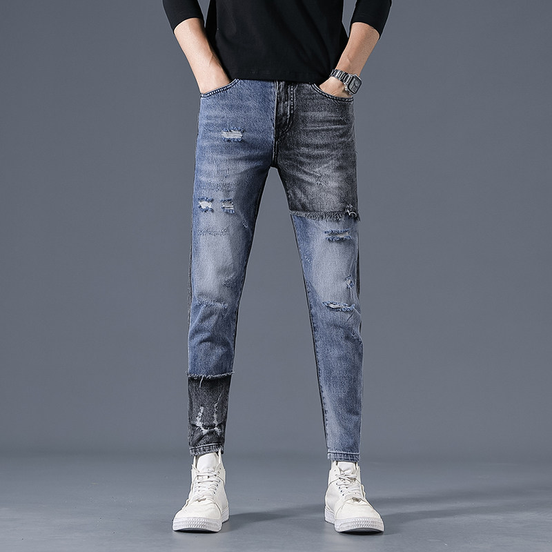 2021春夏款潮牌拼接弹力牛仔裤男修身小脚裤QT5031-2058-P95图片