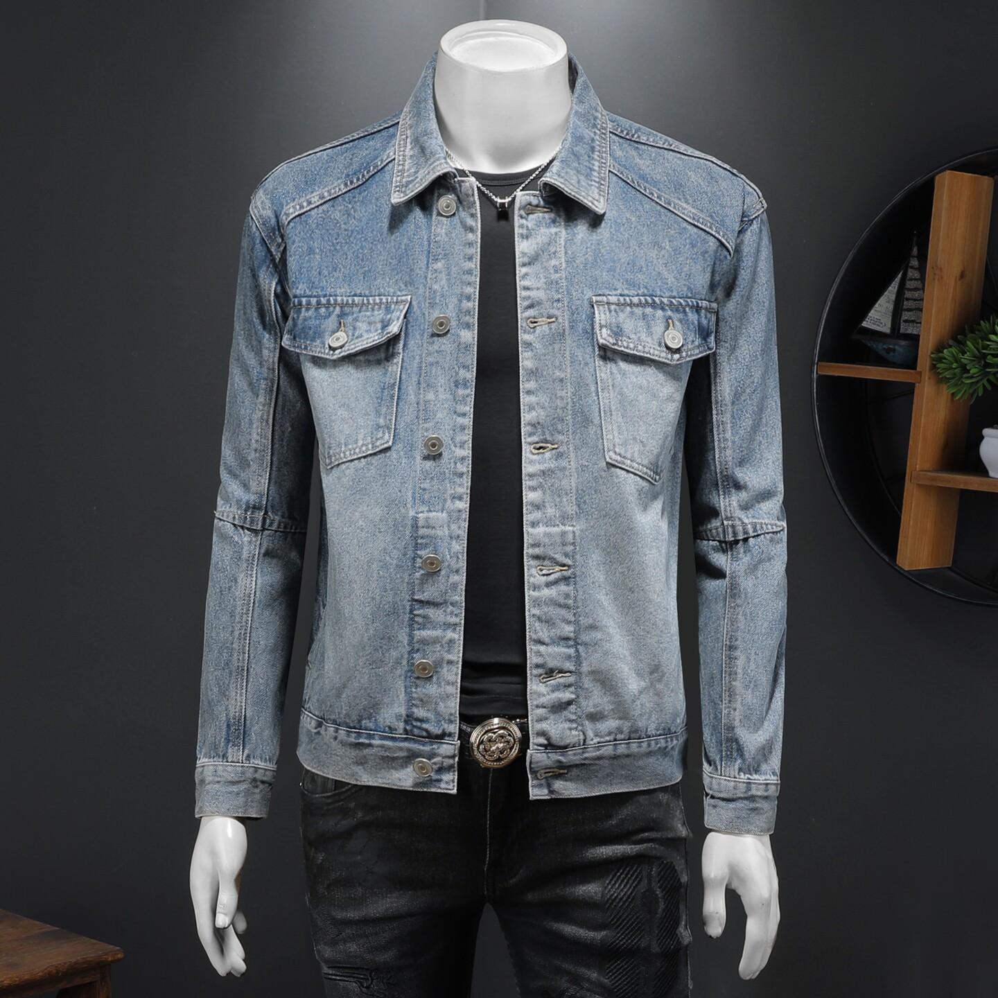 春新款浅蓝潮牌破缝拼接时尚牛仔夹克男翻领外套D218-1353-P145，男装夹克，电商D218