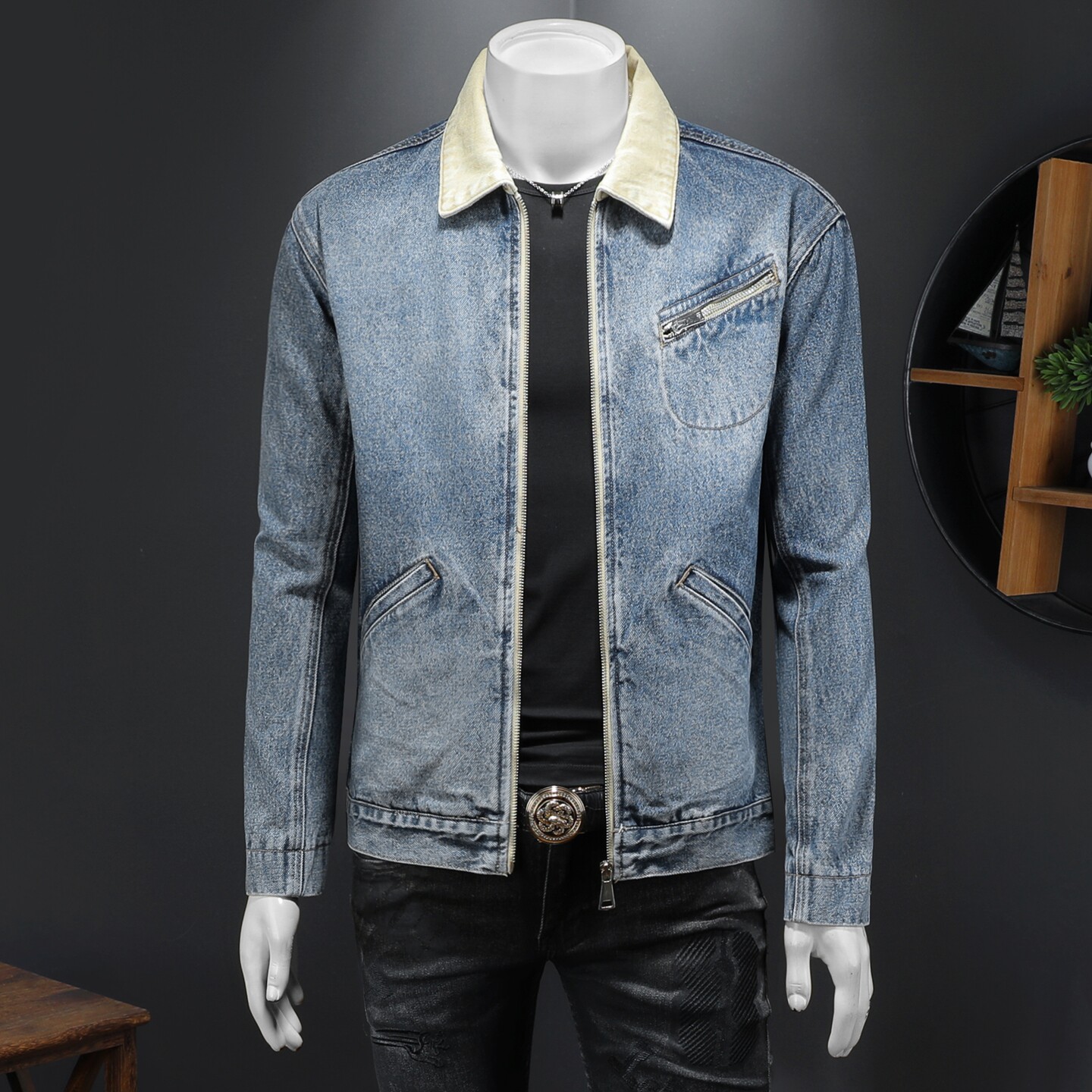 春新款蓝色时尚高级感拉链工装风牛仔夹克男外套D218-1356-P165，男装夹克，电商D218