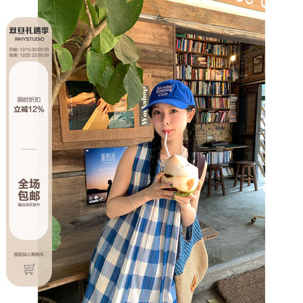 WHYSTUDIO 日系vintage彩条蓝白格无袖背心连衣裙女春季新款裙子