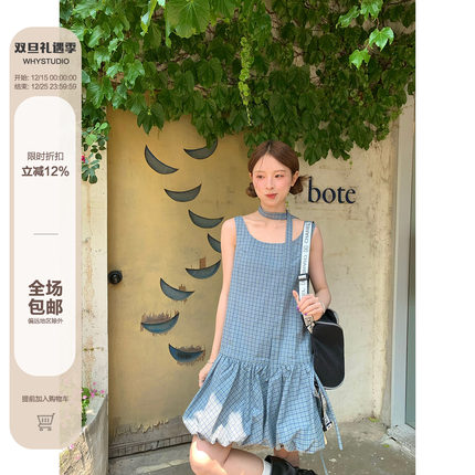 WHYSTUDIO 韩系甜美俏皮背心裙夏季女格纹choker花苞短裙连衣裙