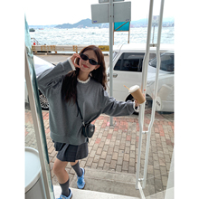 WHYSTUDIO_圆领蕾丝拼接套头灰色卫衣女秋宽松直筒设计感长袖上衣