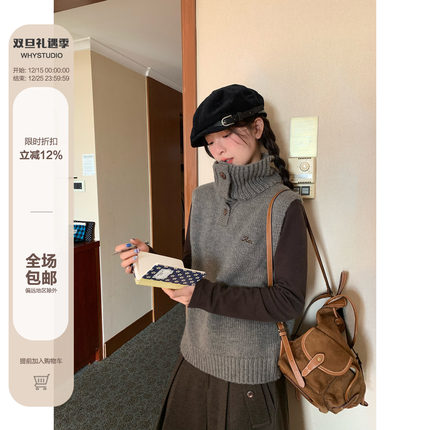 WHYSTUDIO 韩系复古纽扣刺绣毛衣马甲女冬翻立领加厚保暖针织上衣