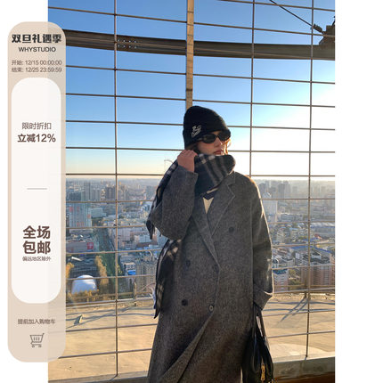 WHYSTUDIO 高端澳洲超细羊毛手工双面呢女冬翻驳领大衣毛呢外套