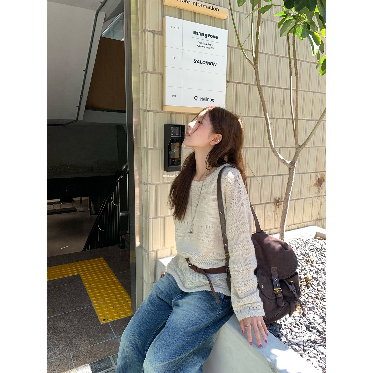 WHYSTUDIO 韩系慵懒气质温柔羊毛马海毛提花圆领镂空针织罩衫上衣