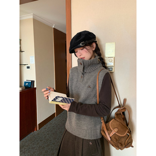 WHYSTUDIO 韩系复古纽扣刺绣毛衣马甲女冬翻立领加厚保暖针织上衣