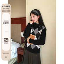 WHYSTUDIO 韩系复古斜翻领围脖毛衣女冬季高领刺绣菱格针织上衣