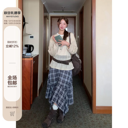 WHYSTUDIO 复古韩系设计感不规则格纹半身长裙秋冬高腰显瘦百搭