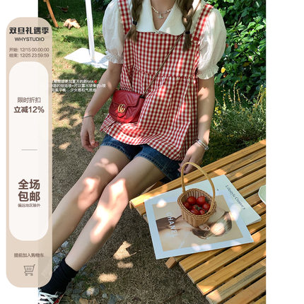 WHYSTUDIO 复古元气少女草莓红格子小众设计宽肩带可调节吊带背心