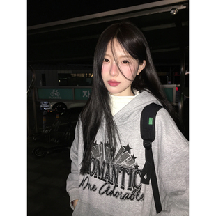 WHYSTUDIO 时髦加绒宽松上衣 韩系街头风字母印花连帽卫衣女冬季