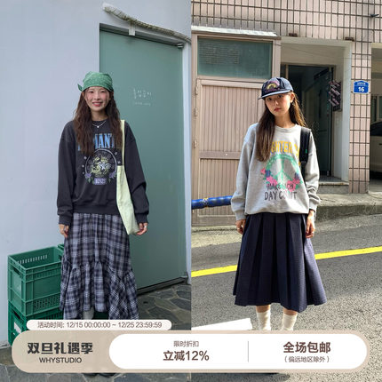 WHYSTUDIO 韩系复古字母撞色印花圆领套头休闲时髦百搭短款卫衣女