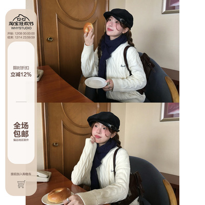 WHYSTUDIO 高智感学院风针织衫女秋冬奶油白加厚保暖羊毛麻花毛衣