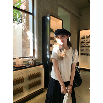 WHYSTUDIO 韩版拼接设计感圆领短袖针织衫女春季新款高级别致上衣