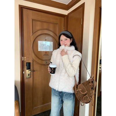 WHYSTUDIO 韩系复古小千金环保皮草女冬季立领毛毛马甲羊羔毛外套
