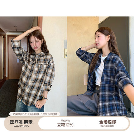 WHYSTUDIO 韩系复古通勤设计感慵懒感百搭长袖天丝格纹衬衫上衣