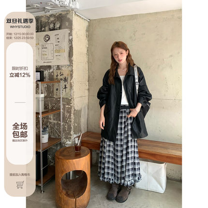 WHYSTUDIO【福利折扣款】通勤百搭黑白格纹半身长裙