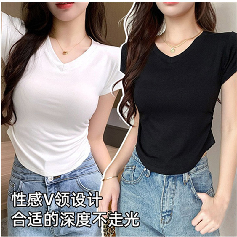 不规则抽绳短袖t恤女夏季显瘦设计感甜辣纯棉v领日系打底上衣印字