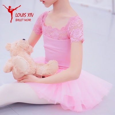 儿童芭蕾舞蹈练功服短袖蕾丝粉色