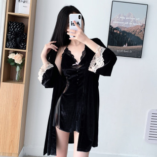 金丝绒睡衣女秋冬性感长袖 睡袍性感带胸垫吊带镂空露背家居服套装