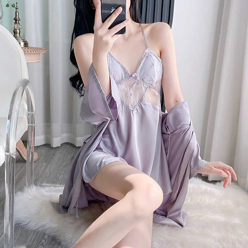 夏季冰丝蕾丝美背带胸垫睡裙套装图片